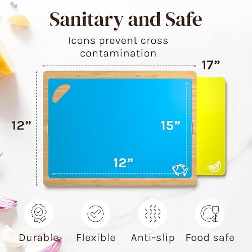 Cutting Boards for Kitchen – Bamboo Cutting Board Set with 6 Color-Coded Flexible Chopping Mats, Easy Clean Wood and Dishwasher-Safe Plastic, Large 17×12, Knife-Friendly by Cooler Kitchen - Natural thumbnail 2