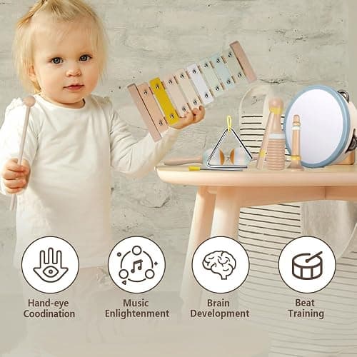 Baby Musical Instruments-Montessori Wooden Toys for Toddlers 1-3,Neutral Colors Percussion Instruments Set with Modern Boho Xylophone for Kids Preschool Educational 3+ thumbnail 3
