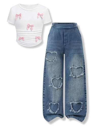 Voxikidio Size 7-14 Years Girls 2 Piece Outfits Bow Short-Sleeved Top and Jeans Pants Clothing Set - Image 1