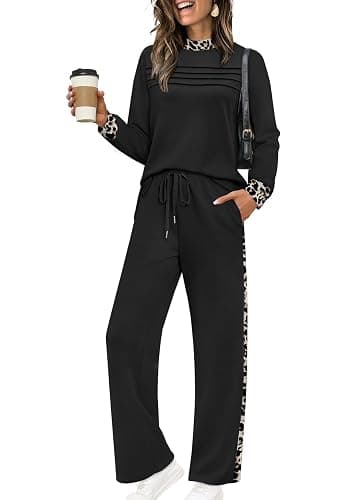 WIHOLL Two Piece Sets for Women Fall Travel Vacation Outfits Long Sleeve Lounge Sets Side Slit Wide Leg Pants S-3XL - Image 1