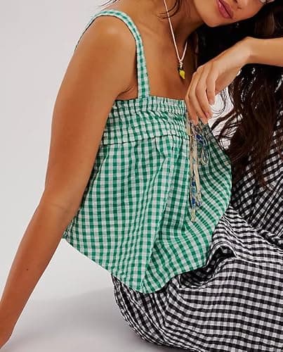 Women Sleeveless Gingham Tank Tops Square Neck Tie Front Smocked Crop Tops Summer Ruffle Hem Peplum Tops thumbnail 2