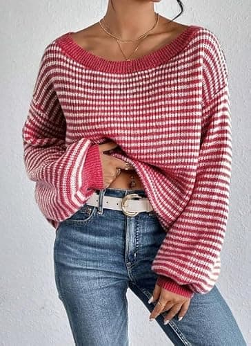 Women's Oversized Striped Sweater Casual Off The Shoulder Sweater Fall Long Sleeve Loose Knit Pullover Jumper Tops thumbnail 2