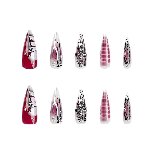 MISUD Press on Nails - Long Stiletto Glue on Nails with Goth Red Black, Acrylic Gothic Corss Design 24 pcs thumbnail 2