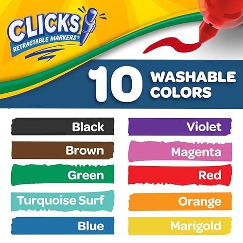 Crayola Clicks Retractable Tip Markers (10ct), Stocking Stuffers for Kids & Toddlers, Cone Tip Washable Art Marker Set, Coloring Book Supplies, No Dry, 3+ thumbnail 5