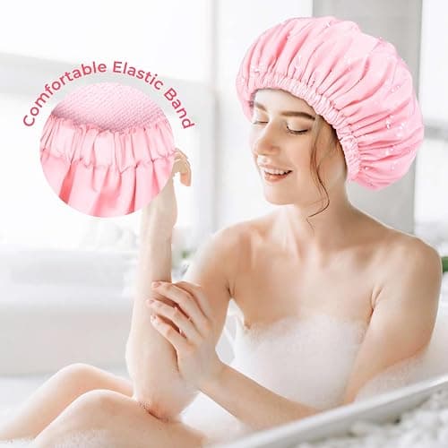Pink Shower Cap for Women Terry Lined Bath Cap Large Reusable Waterproof Elastic Band Shower Caps for Long Thick Hair Soft Bath Shower Hair Caps thumbnail 4