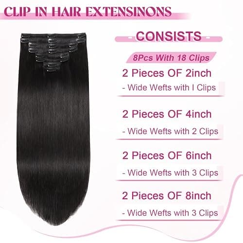 POGINJA Clip in Hair Extensions Real Human Hair, Remy Human Hair Clip in Extensions for Black Women, Invisible Natural Straight Seamless Clip ins Hair Extensions 8pcs Double Weft #1B 22inch 110g thumbnail 2