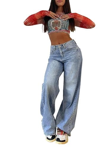 EMMIOL Wide Leg Jeans for Women, Mid Rise Baggy Jeans Plus Size Boyfriends Denim Pants, Y2K Vintage Style thumbnail 2