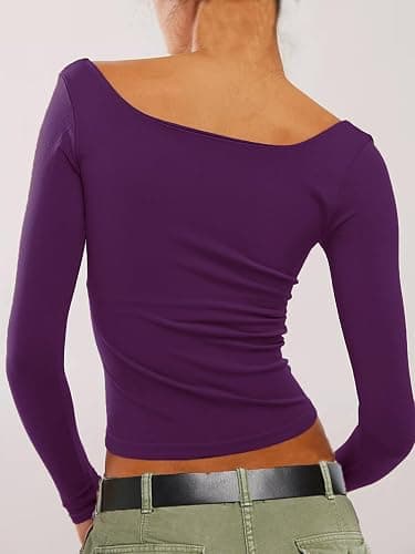 TiulZial Square Neck Shirt for Women - Long Sleeve Going Out Tops Double Lined Tight Crop T Shirt Slim Fit thumbnail 3