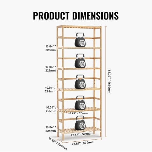 VEVOR 6-Tier Bamboo Shelf, Open Wood Bookshelf, Display Storage Rack Organizer, Freestanding Flower Plant Stand, Multifunctional Bamboo Bookshelf Ideal for Bathroom, Bedroom, Office, Study, Natural thumbnail 3