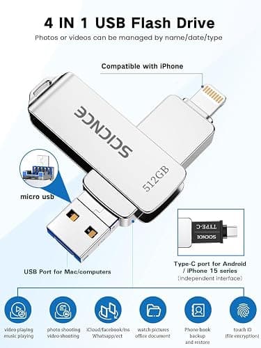 SCICNCE 512GB Flash Drive Intended for iPhone, USB Memory Photo Stick Storage for Photos Videos, Plug and Play No Application Required, Compatible with iPhone iPad Android and Computers (Metal Silver) - 512GB - Metal Silver thumbnail 2
