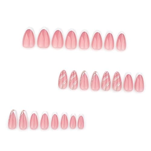 French Press On Nails Short Almond, Nude Fake Nails with White French Tip and Minimalist Gold Line Design, Glossy Gel Finish Acrylic Nails, Natural Reusable Glue On Nails Kit for Women, Luxe Line thumbnail 3
