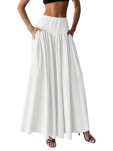 Milumia Women's Pleated Flowy Long Skirts High Waist Maxi Skirt with Pocket | Drop Waist Skirts, Boho, Ankle Length, Beach Cover Up, Vacation, Summer Fall, A-Line Skirt - Image 1