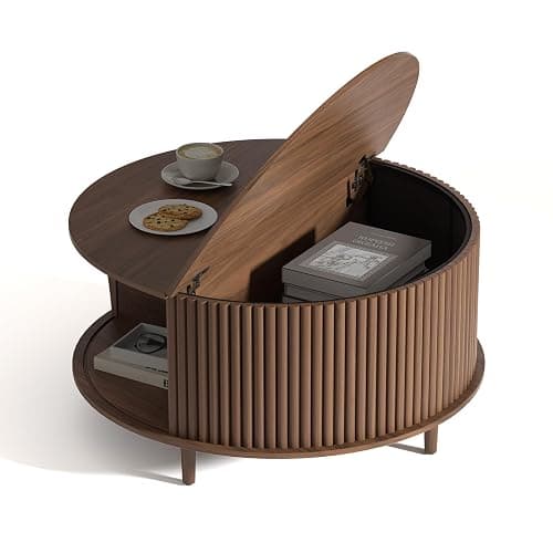 JOINICE,Round Coffee Table with Storage,Fluted Center Table with Sliding Cabinet Door for Living Room,Home Small Space,31.5" Small Center Table,Walnut - Round - Walnut thumbnail 7