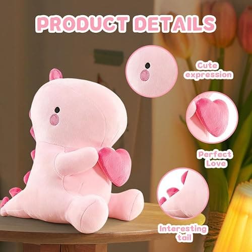 Fouvin Peluche Dinosaure Doudou avec Cœur - 30CM Mignon Dino en Tissu Coussin, Peluche Dinosaure Kawaii, Cadeau Dinosaure en Peluche pour Fille, Enfant, Amie, Saint-Valentin (Rose) thumbnail 4
