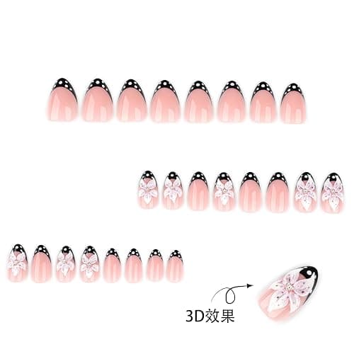 XZMeiLun 3D Pink Flower Black Polka Dot French Tips Press On Nails Short Almond, Acrylic Fake Nails. Salon-Quality Reusable Stick-Ons, Spring Summer Nails for Parties & Daily Wear | Women & Girls thumbnail 4