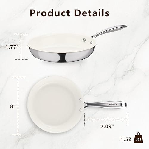SAKAMOSH 8" Tri-Ply Stainless Steel Frying Pan, Nonstick Ceramic Pan, Skillet with Stay-Cool Handle, Non Toxic, PFAS PFOA PTFE Free, Dishwasher & Oven Safe, Induction, Compatible with All Cooktops thumbnail 2
