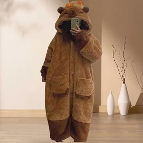 Whedai Unisex Capybara Costume Warm Flannel Cute Animal One-Piece Pajamas, Halloween Christmas Sleepwear Jumpsuit Pajamas Brown thumbnail 3