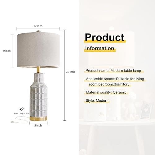 USumkky 25" Table Lamps Set of 2 - Modern Bedside Lamps for Living Room - White Washed Ceramic Nightstand Lamps for Bedroom thumbnail 4