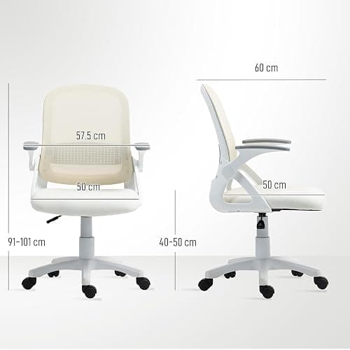 HOMCOM Breathable Mesh Office Chair, Ergonomic, Flip-up Armrests, White | Swivel Computer Chair, Lumbar Back Support, for Home/Office thumbnail 3