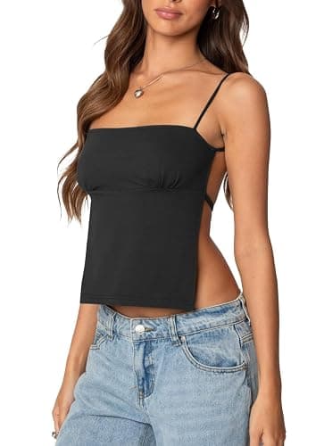 Backless Crop Top for Women Y2K Open Back Cami Top Spaghetti Strap Tie Back Sleeveless Cotton Summer Going Out Tank Top thumbnail 2