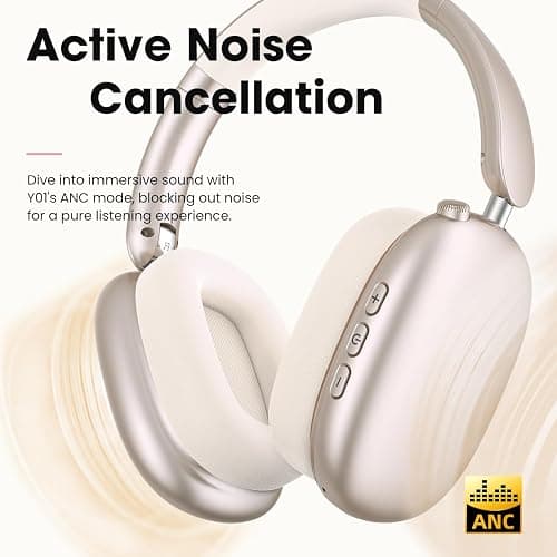 Wentronic Y01 Wireless Noise Canceling Headphones Bluetooth 5.3 Over Ear Headphones with Microphone, Hi-Res Audio, 48H Playtime, Foldable Comfortable Earpads,Compatible with iOS,Android,PC, Starlight thumbnail 2
