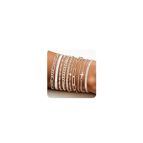 XIANNVXI 10pcs Rose Gold/Gold/Silver Bracelets Stack for Women Dainty Thin Rose Gold Bracelets Set Silver Chain Bracelet Paper Clip Stackable Figaro Herringbone Paperclip Bracelet Pack for Womens - Image 1