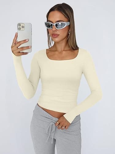 Trendy Queen Womens Long Sleeve Shirts Crop Tops Fall Fashion 2025 Square Neck Going Out Basics Tees Y2k Clothes thumbnail 2