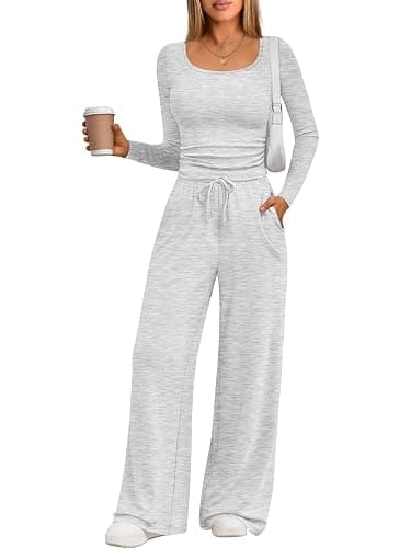 Trendy Queen 2 Piece Scoop Neck Lounge Set Womens Wide Leg Pants Side Ruching Slightly Crop Top Sweatsuit Sets With Pockets - Image 1