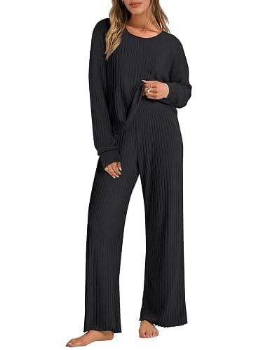 ANRABESS Women 2 Piece Lounge Pajamas Sets Casual Ribbed Knit Long Sleeve Top Pants Matching Set 2025 Fall Outfits Clothes - Image 1