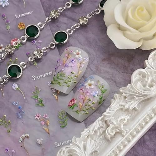 Flower Nail Stickers for Nail Art - Flowers Nail Art Stickers Summer Floral Leaf Plant 5D Embossed Nail Decals Self-Adhesive Nails Supply Manicure Sliders Flower Stickers for Nails Decoration thumbnail 2