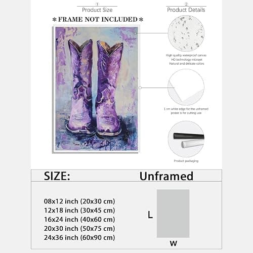 Purple Cowgirl Boots Coastal Western Boho Girly Retro Art Poster Canvas Wall Art Decoration Living Room Home Decor Bedroom Decoration Poster Unframed8x12inch thumbnail 2