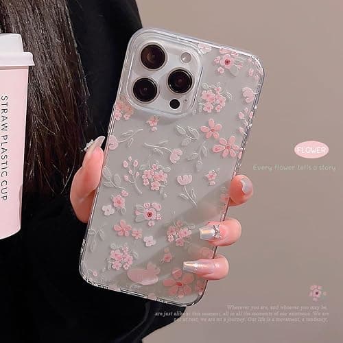 Reownest Compatible for iPhone 15 Case for Clear Pink Flower Cute Aesthetic Design Floral Women Teen Girls Silicone Slim Cover Protection Phone Cases-Clear thumbnail 8