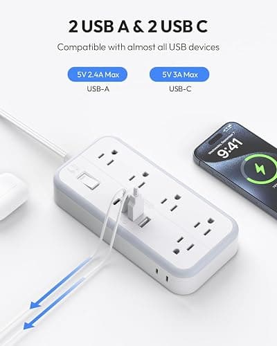 Flat Extension Cord 25 FT, NTONPOWER Long Surge Protector Power Strip, 10 Outlets 4 USB Ports (2 USB C), 3 Side 3 Prong & 2 Prong, 2700J, Overload Protection, Flat Plug Wall Mount, White, SurgePro thumbnail 8