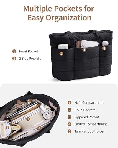 Narwey Tote Bags for Women, Puffer Work Tote Bag Women for Travel, Gym, Beach, Nurse with Cup Holder & Laptop Compartment thumbnail 4