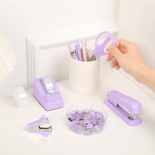 SKYDUE Purple Desk Accessories, Stapler and Tape Dispenser Set,10PCS | Purple Office Supplies Set, Stapler, Tape Dispenser, Scissors, Binder/Paper Clips and 1000pcs Staples thumbnail 2