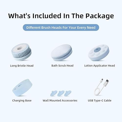 Oh,XIYU. Electric Body Brush Back Scrubber for Shower, Waterproof Long Dual Handle Power Body Scrubber with 3 Heads, Bath Brush & 2 Speeds, for Cleansing, Exfoliating and Massaging Skin, Sky Blue thumbnail 6