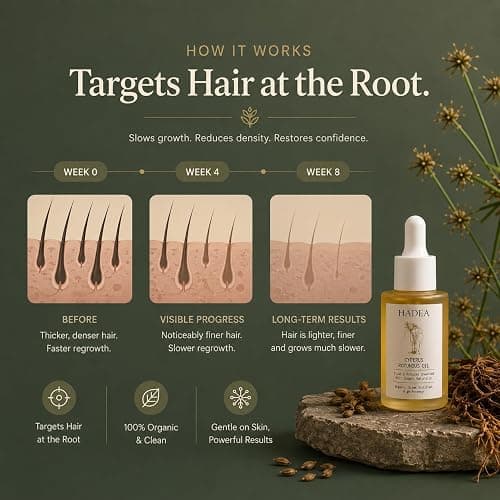 HADEA Cyperus Rotundus Oil to Reduce Hair Growth 100% Organic High-Potency Steam Distilled Cyprus Nutgrass Cypress Inhibitor | Cypress Rotundus Oil For Pcos, Hirsutism, Any Unwanted Hair 30ml thumbnail 4