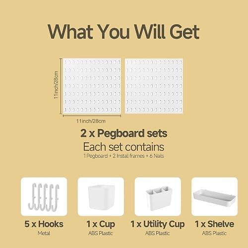 White Plastic Pegboard with Hooks Accessories, Wall Mounted Tool Organizer for Garage, Home, Office, Durable Perforated Peg Board (2 Boards -8 Accessories) thumbnail 3
