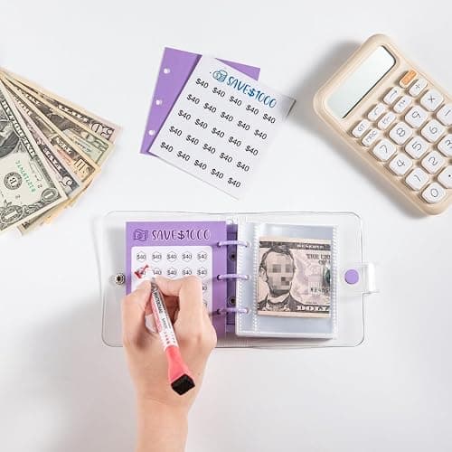 RSORGN Mini Money Saving Challenge Binder, Portable Budget Book with Cash Envelopes to Save $1000 for Home Office School Finance Planning (Purple) thumbnail 2