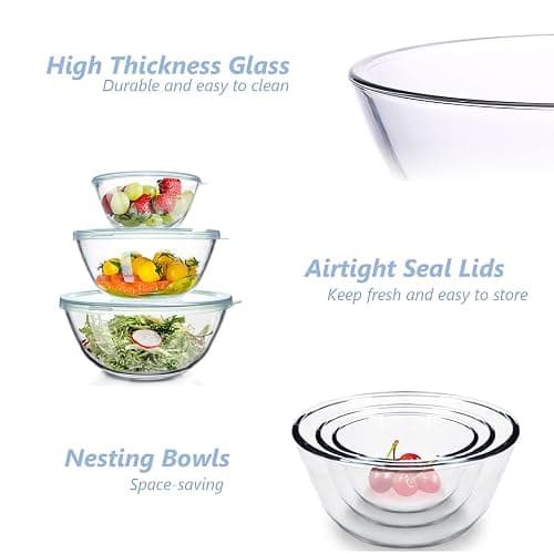 WhiteRhino Glass Mixing Bowls Glass Bowls with Lids Set(4.5QT,2.7QT, 1.1QT),Large Salad Bowls,glass mixing bowl Space-Saving Nesting Storage bowls for Cooking,Baking,Prepping,Dishwasher Safe thumbnail 4