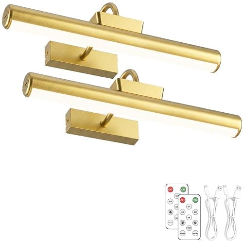 13" Aluminum Wireless Picture Lights for Wall, 5000mAh Rechargeable Battery Operated Wall Art Lighting, Dimmable 3-Color Gallery Painting Light for Pictures On Wall, with Remote/Timer [Gold, 2Pack] - Image 1