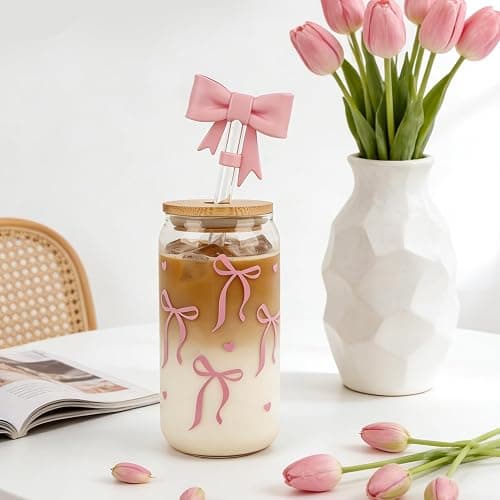 Mason Life Bow Glass Cup 18 OZ with Designs, Pink Bow Cup for Preppy Stuff, Cute Tumbler with Straw Cover & Keychain for Women Teen Girls Iced Coffee, Matcha and Smoothies thumbnail 2