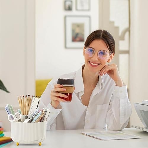 SKYDUE 360 Rotating Plastic Desk Pen Organizer with 5 Slots, Dual-Purpose Art Supply Pencil Cup for Office, School, Home - Beige thumbnail 7