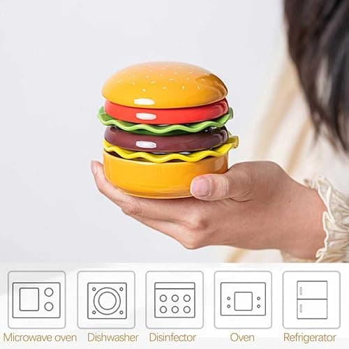 BoniIllusion Cute Hamburger Ceramic Dinnerware Set, 6-Piece Stackable Plates and Bowls Set with Lid, Microwave Safe Dinner Dessert Bowls Plates for Home Party (1-Pcs) thumbnail 7