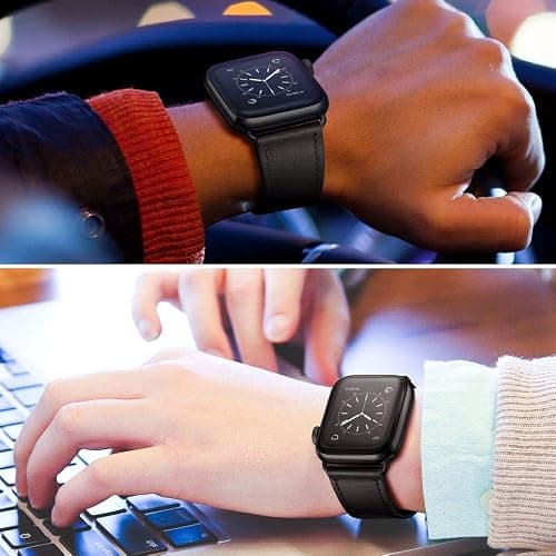 OUHENG Leather Bands Compatible with Apple Watch Band 49mm/46mm/45mm/44mm/42mm, Genuine Leather Strap Compatible with iWatch Ultra 3/2/1 & Series 11/10/9/8/7/6/5/4/3/2/1 & SE3 SE2 SE, Black/Black thumbnail 6