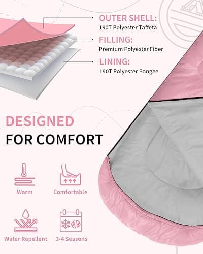 Sleeping Bag, Sportneer Sleeping Bags for Adults Kids 3 Seasons Warm Cold Weather Waterproof Lightweight Camping Sleeping Bag for Adults Kids Boys Girls Teens Camping Hiking Backpacking Outdoor Travel - Pink+light Pink - 87"x31.5" thumbnail 6