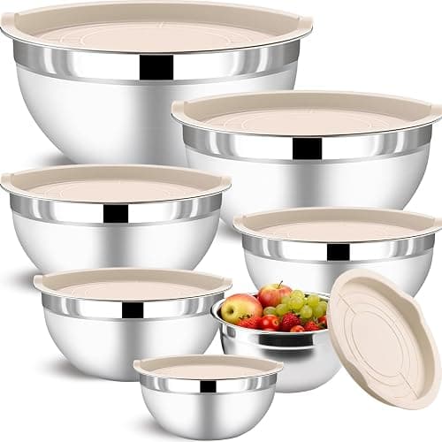 Funnydin 7 Piece Stainless Steel Mixing Bowls with Lids Set - Khaki Nesting Metal Mixing Bowls for Kitchen, Sizes 4.5, 4, 3.5, 2.1, 1.5, 1.1, 0.7 Qt for Baking, Cooking and Serving, Dishwasher Safe - Image 1