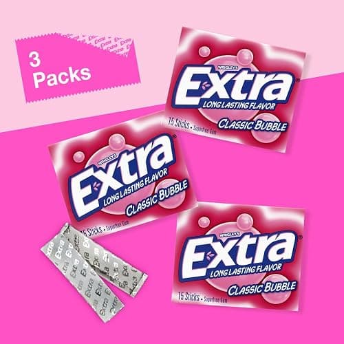 EXTRA Classic Bubble Gum, Sugar Free Chewing Gum, 3 Pack, 15 Sticks | EXTRA sugar free gum 3 pack with 15 sticks; bubble gum and sugar-free chewing gum for travel, home, and office thumbnail 3