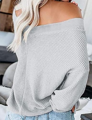 Tobrief Women's V Neck Long Sleeve Waffle Knit Tops Off Shoulder Oversized Pullover Sweater thumbnail 2