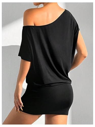 SOLY HUX Women's Off The Shoulder Mini Dress Asymmetrical Neck Short Sleeve Casual Bodycon T Shirt Dresses thumbnail 2
